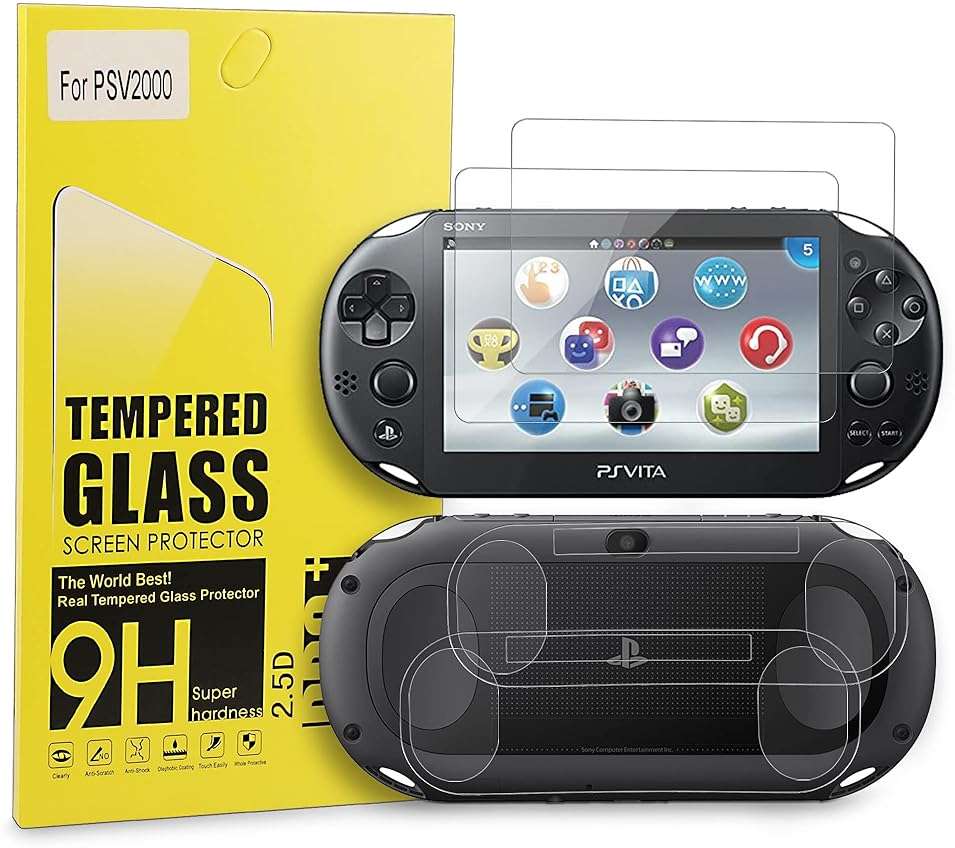 Xahpower PS Vita 2000 Screen Protector, 9H Tempered Glass Front Screen Protector and HD Clear PET Back Screen Protective Film for Sony PlayStation Vita 2000 - Image 1