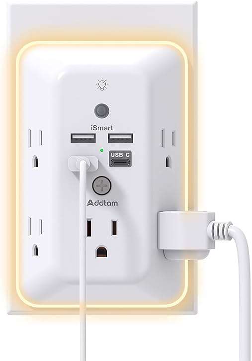Addtam Surge Protector Outlet Extender, Plug Extension Outlet with Night Light, 5-Outlet Splitter and 4 USB Ports(1 USB C), Multi Plug Wall Outlet for Home Office Dorm Room Essentials - Image 1