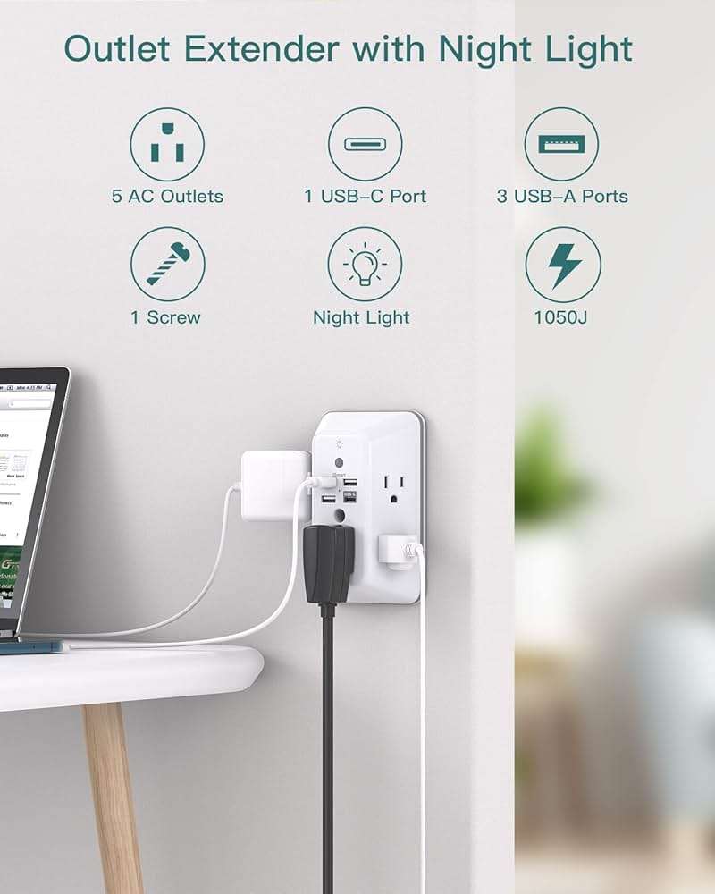 Addtam Surge Protector Outlet Extender, Plug Extension Outlet with Night Light, 5-Outlet Splitter and 4 USB Ports(1 USB C), Multi Plug Wall Outlet for Home Office Dorm Room Essentials - Image 2