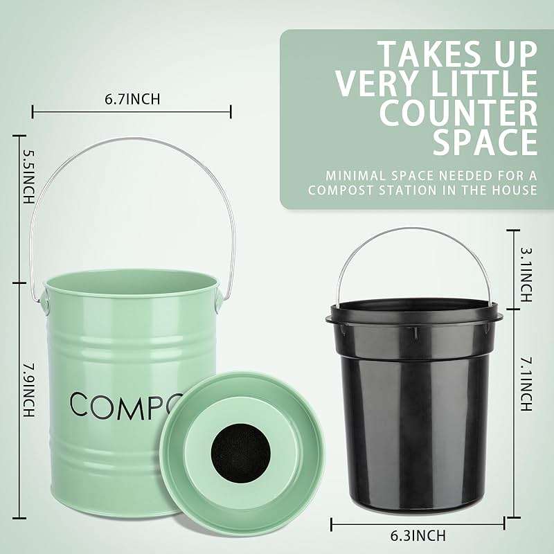 Vipush Compost Bin Kitchen Countertop Composter with lid – Small Compost ContainerI Includes Inner Compost Bucket Liner & Charcoal Filter, Green - Image 3