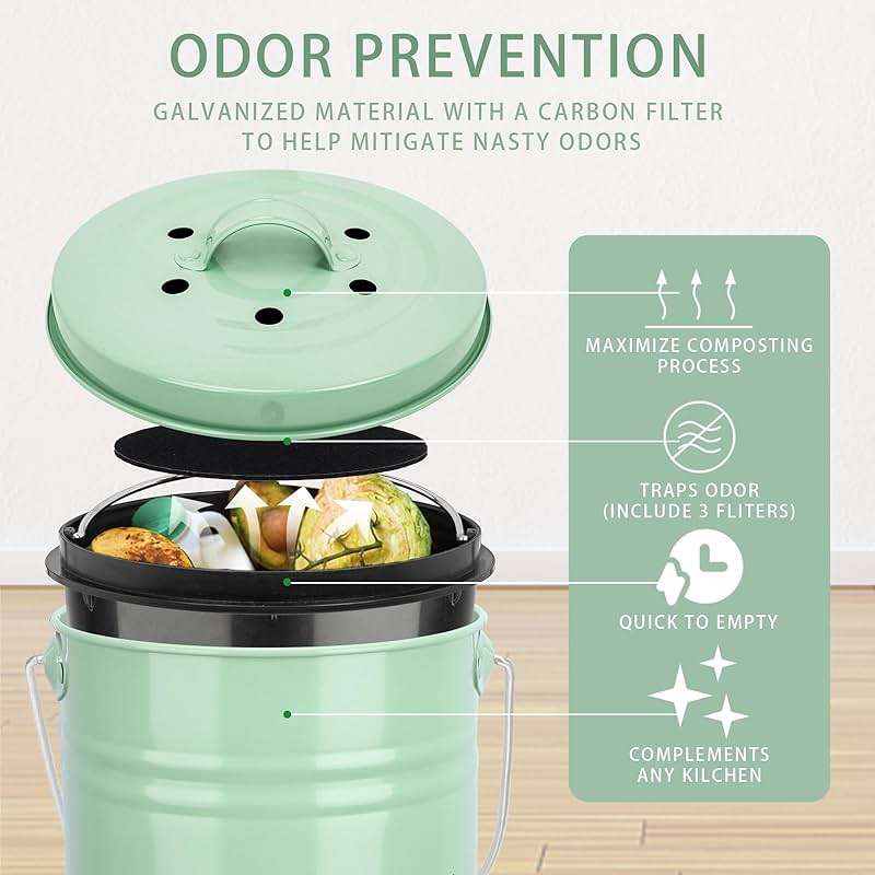 Vipush Compost Bin Kitchen Countertop Composter with lid – Small Compost ContainerI Includes Inner Compost Bucket Liner & Charcoal Filter, Green - Image 4