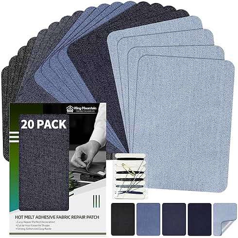 KING MOUNTAIN Iron-on Repair Patch 20 Pcs Pack,Denim Patches for Jeans Kit 3" by 4-1/4", 100% Cotton Denim Iron-on Repair Patch,Jeans and Clothing Repair and Decoration Kit (Five Color) - Image 1