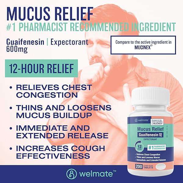 WELMATE Mucus Relief Guaifenesin 600mg Expectorant, 200 Ct - Chest Congestion Relief, Cough and Cold - Thins and Loosens Mucus - Immediate & Extended 12 Hour Support - Extended-Release Bi-Layer - Image 2