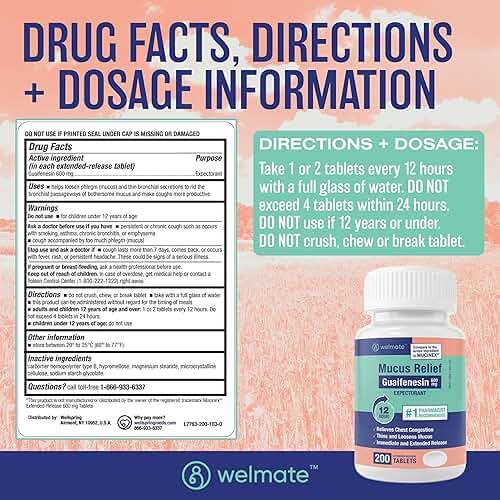 WELMATE Mucus Relief Guaifenesin 600mg Expectorant, 200 Ct - Chest Congestion Relief, Cough and Cold - Thins and Loosens Mucus - Immediate & Extended 12 Hour Support - Extended-Release Bi-Layer - Image 5