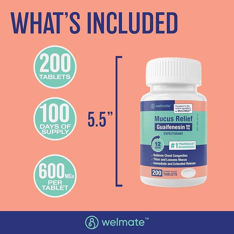 WELMATE Mucus Relief Guaifenesin 600mg Expectorant, 200 Ct - Chest Congestion Relief, Cough and Cold - Thins and Loosens Mucus - Immediate & Extended 12 Hour Support - Extended-Release Bi-Layer - Image 6