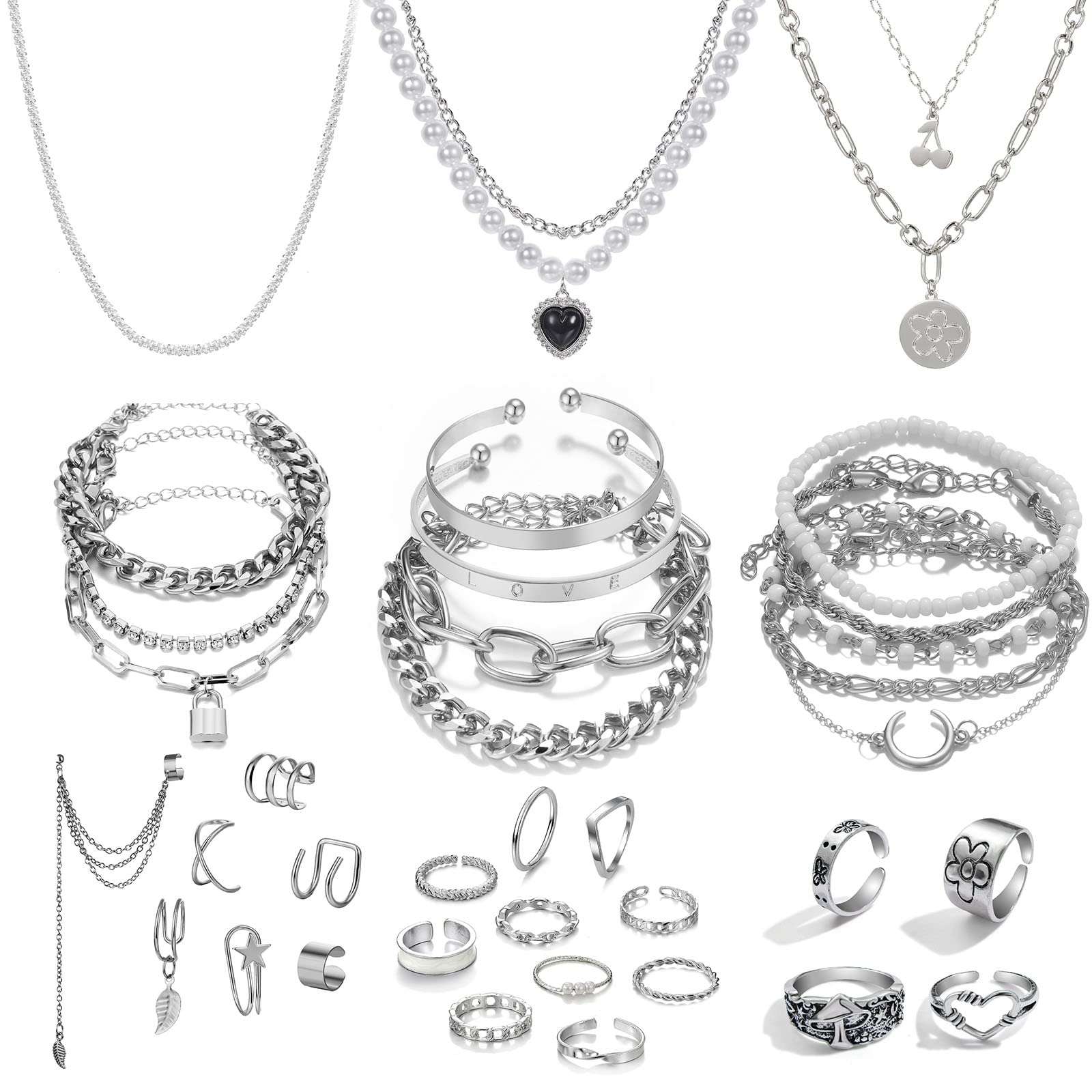 IFKM 36 PCS Silver Plated Jewelry Set with 3 PCS Necklace, 12 PCS Bracelet, 7 PCS Ear Cuffs Earring, 14 Pcs Knuckle Rings for Women Valentine Anniversary Birthday Friendship Gift - Image 1