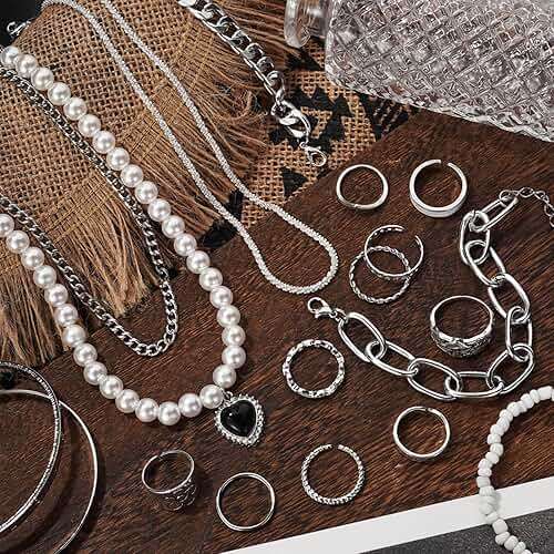 IFKM 36 PCS Silver Plated Jewelry Set with 3 PCS Necklace, 12 PCS Bracelet, 7 PCS Ear Cuffs Earring, 14 Pcs Knuckle Rings for Women Valentine Anniversary Birthday Friendship Gift - Image 2