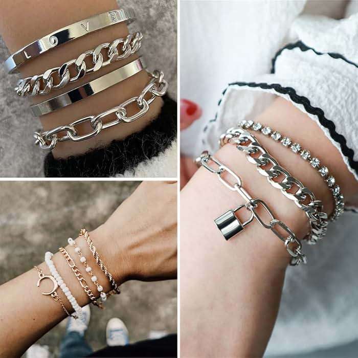 IFKM 36 PCS Silver Plated Jewelry Set with 3 PCS Necklace, 12 PCS Bracelet, 7 PCS Ear Cuffs Earring, 14 Pcs Knuckle Rings for Women Valentine Anniversary Birthday Friendship Gift - Image 4