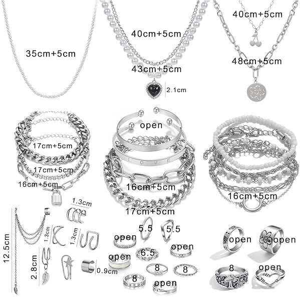 IFKM 36 PCS Silver Plated Jewelry Set with 3 PCS Necklace, 12 PCS Bracelet, 7 PCS Ear Cuffs Earring, 14 Pcs Knuckle Rings for Women Valentine Anniversary Birthday Friendship Gift - Image 7