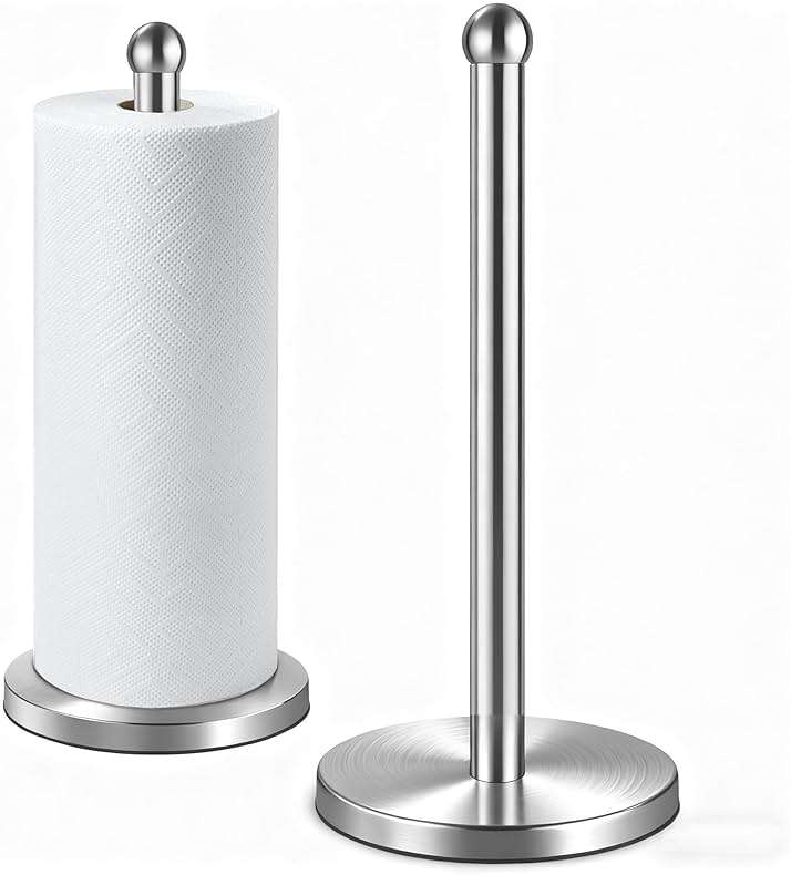 DAWNER Paper Towel Holder Countertop, Freestanding Kitchen Paper Holder Stand, One-Handed Tear, Stainless Steel, Paper Towel Dispenser with Weighted Base for Standard Towel Rolls, Brushed Nickel - Image 1