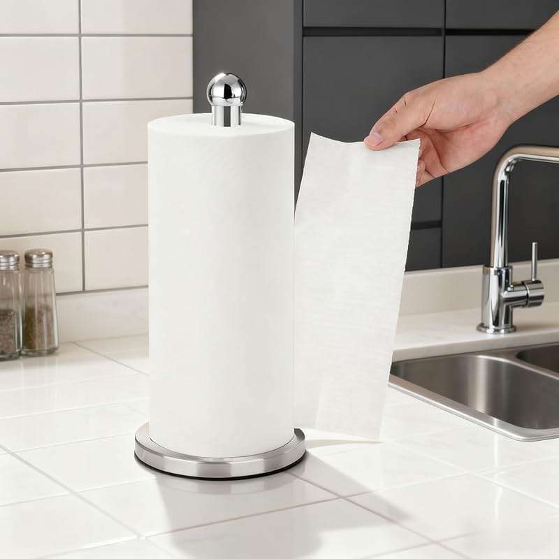DAWNER Paper Towel Holder Countertop, Freestanding Kitchen Paper Holder Stand, One-Handed Tear, Stainless Steel, Paper Towel Dispenser with Weighted Base for Standard Towel Rolls, Brushed Nickel - Image 6