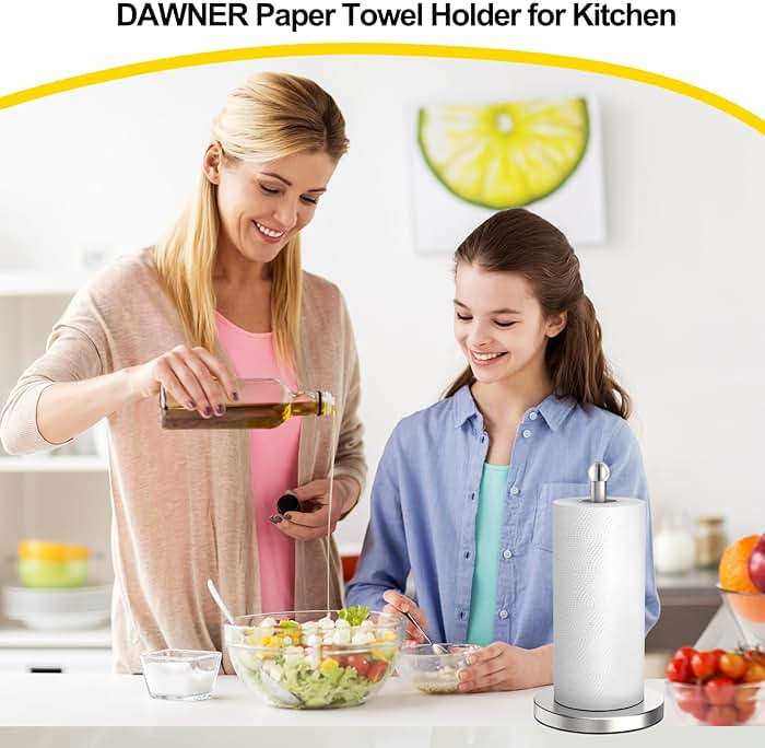DAWNER Paper Towel Holder Countertop, Freestanding Kitchen Paper Holder Stand, One-Handed Tear, Stainless Steel, Paper Towel Dispenser with Weighted Base for Standard Towel Rolls, Brushed Nickel - Image 8