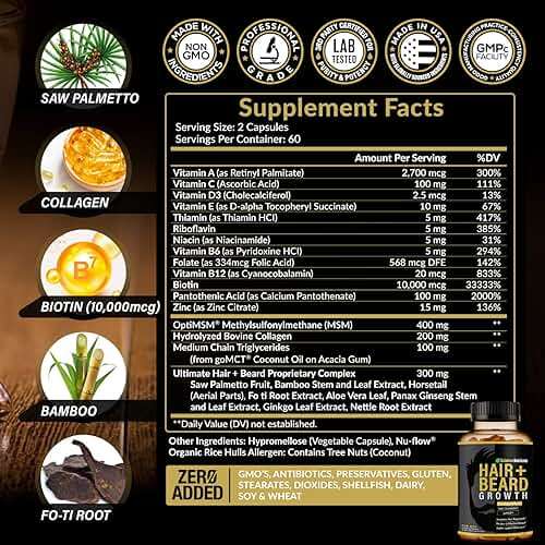 Hair + Beard Growth Vitamins for Men | Biotin 10,000mcg, Collagen, Patented OptiMSM®, goMCT®, Saw Palmetto | 60 Day Supply | Naturally Regrow Stronger, Thicker, Healthier Hair & Stops Hair Los - Image 2