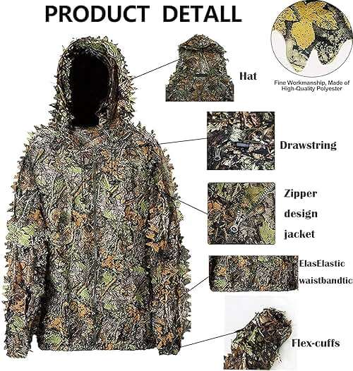 Monfasye Ghillie Suit, 3D Leafy Camo Hunting Suits Breathable Woodland Gillies Costume Jungle Clothing - Image 2
