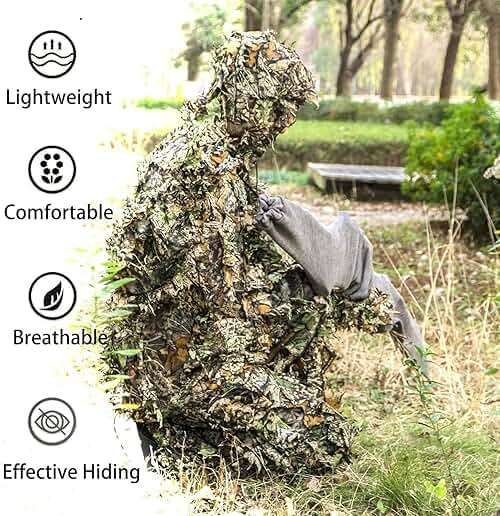 Monfasye Ghillie Suit, 3D Leafy Camo Hunting Suits Breathable Woodland Gillies Costume Jungle Clothing - Image 4