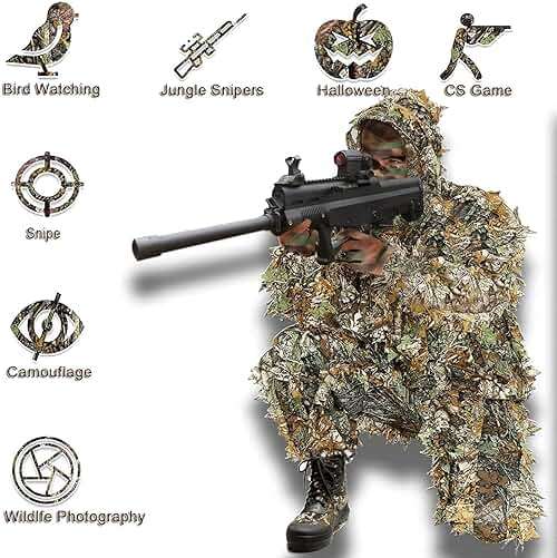 Monfasye Ghillie Suit, 3D Leafy Camo Hunting Suits Breathable Woodland Gillies Costume Jungle Clothing - Image 5