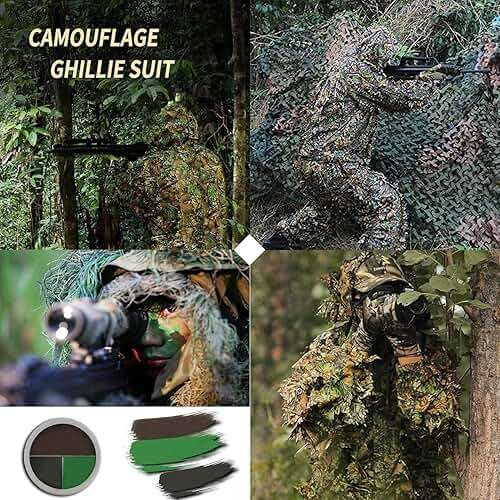 Monfasye Ghillie Suit, 3D Leafy Camo Hunting Suits Breathable Woodland Gillies Costume Jungle Clothing - Image 7