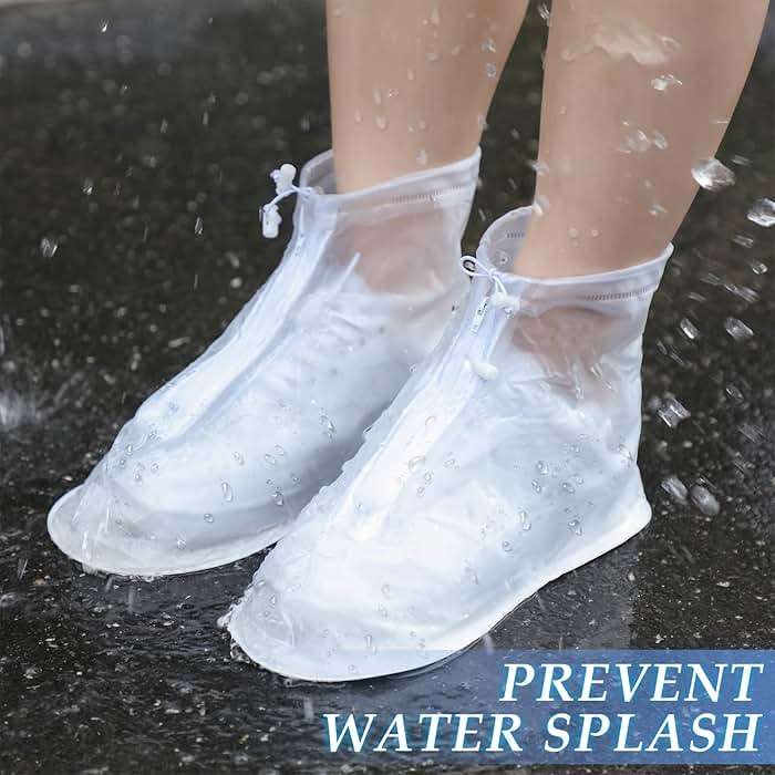 Coume 2 Pairs Rain Shoes Cover Waterproof Shoe Covers Reusable Protectors Covers High Top Snow Boots Galoshes Overshoes for Men Women Outdoor Cycling Camping Fishing(Large,White) - Image 4