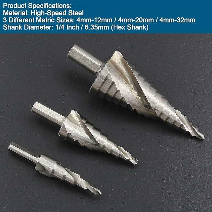 Aracombie 3pcs Metric Step Drill Bits for Metal, High Speed Steel Spiral Step Drill Bit, Unibit Step Drill Bit for Stainless Steel Aluminum Metal Wood (4mm-12mm, 4mm-20mm, 4mm-32mm) - Image 3
