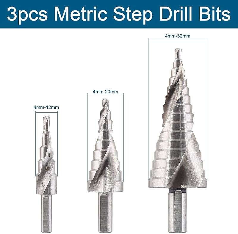 Aracombie 3pcs Metric Step Drill Bits for Metal, High Speed Steel Spiral Step Drill Bit, Unibit Step Drill Bit for Stainless Steel Aluminum Metal Wood (4mm-12mm, 4mm-20mm, 4mm-32mm) - Image 5