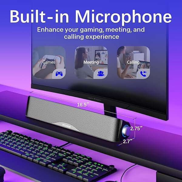 Nylavee Computer Speakers, Hi-Fi Stereo Computer Sound Bar with Bluetooth & 3.5mm Aux, USB/USB-C Powered for Desktop PC, Laptop & Monitor, Built-in Mic and Headphone Jack - Image 5