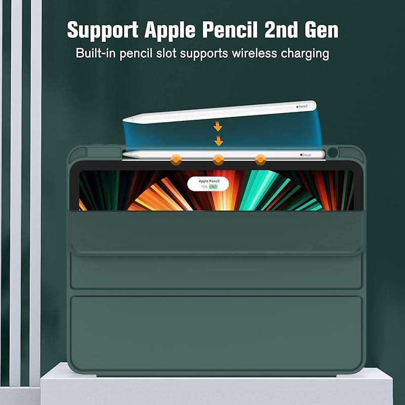 ZryXal New iPad Pro 12.9 Inch Case 2022/2021/2020(6th/5th/4th Gen) with Pencil Holder,Smart Case [Support Touch ID and Auto Wake/Sleep] with Auto 2nd Gen Pencil Charging (Midnight Green) - Image 2