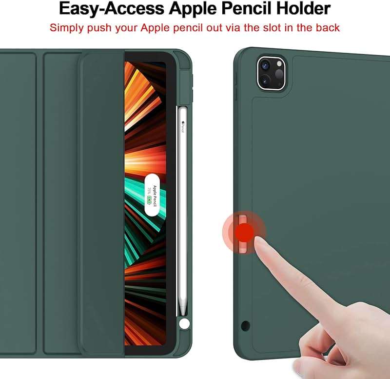 ZryXal New iPad Pro 12.9 Inch Case 2022/2021/2020(6th/5th/4th Gen) with Pencil Holder,Smart Case [Support Touch ID and Auto Wake/Sleep] with Auto 2nd Gen Pencil Charging (Midnight Green) - Image 3