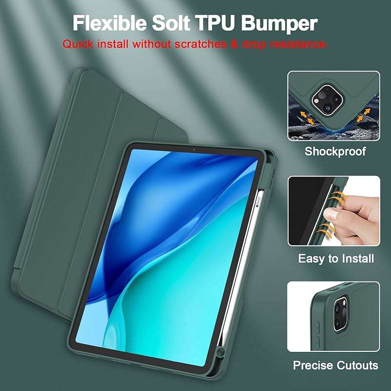 ZryXal New iPad Pro 12.9 Inch Case 2022/2021/2020(6th/5th/4th Gen) with Pencil Holder,Smart Case [Support Touch ID and Auto Wake/Sleep] with Auto 2nd Gen Pencil Charging (Midnight Green) - Image 6