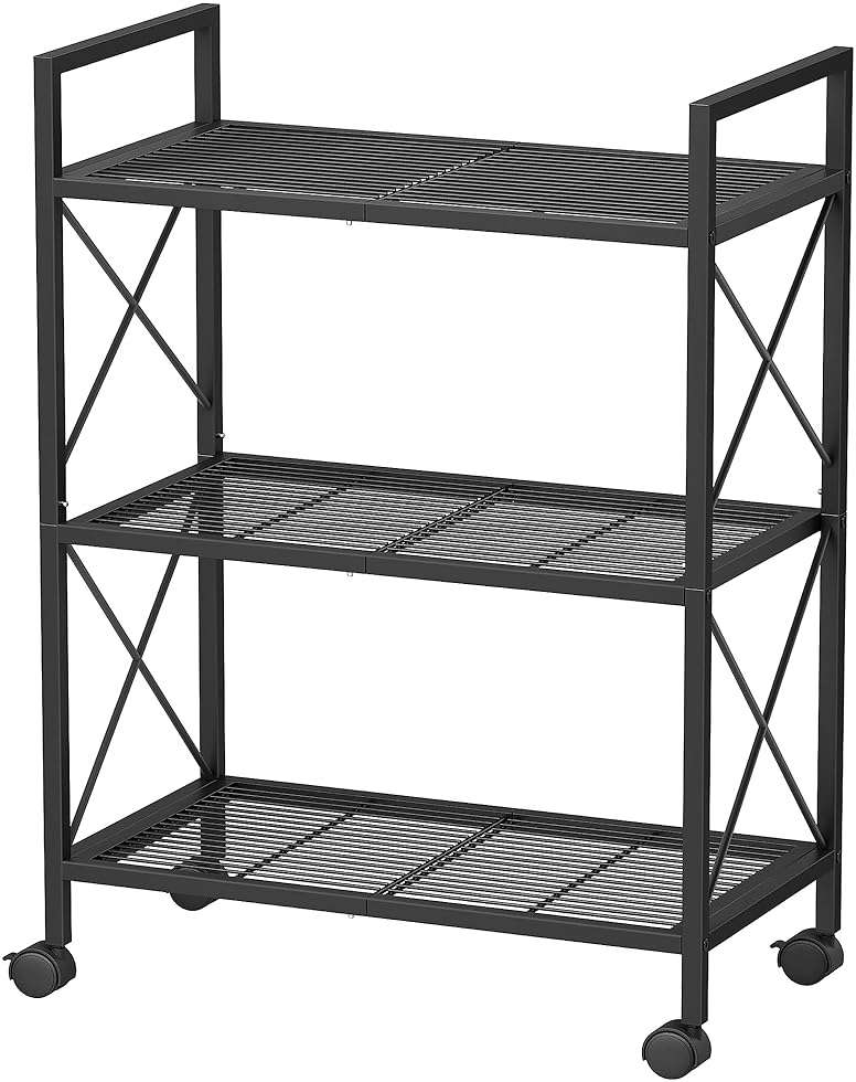 SONGMICS 3-Tier Metal Storage Rack with Wheels, Mesh Shelving Unit with X Side Frames, 23.6-Inch Width, for Entryway, Kitchen, Living Room, Bathroom, Industrial Style, Black UBSC163B01 - Image 1