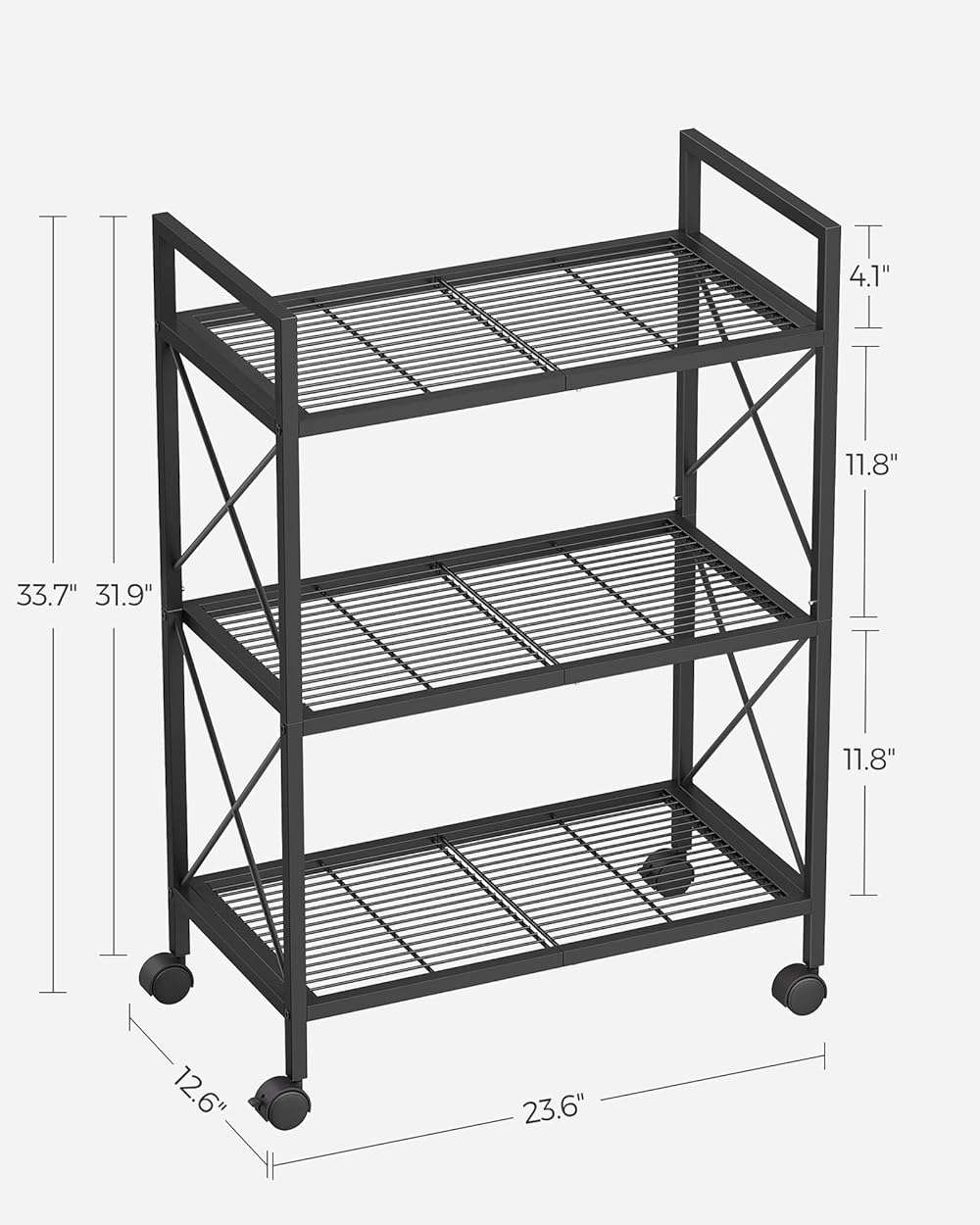 SONGMICS 3-Tier Metal Storage Rack with Wheels, Mesh Shelving Unit with X Side Frames, 23.6-Inch Width, for Entryway, Kitchen, Living Room, Bathroom, Industrial Style, Black UBSC163B01 - Image 2