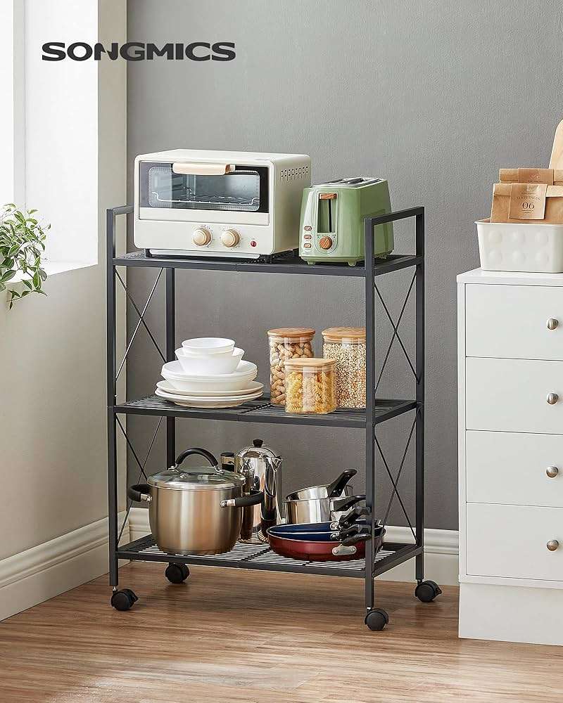 SONGMICS 3-Tier Metal Storage Rack with Wheels, Mesh Shelving Unit with X Side Frames, 23.6-Inch Width, for Entryway, Kitchen, Living Room, Bathroom, Industrial Style, Black UBSC163B01 - Image 3