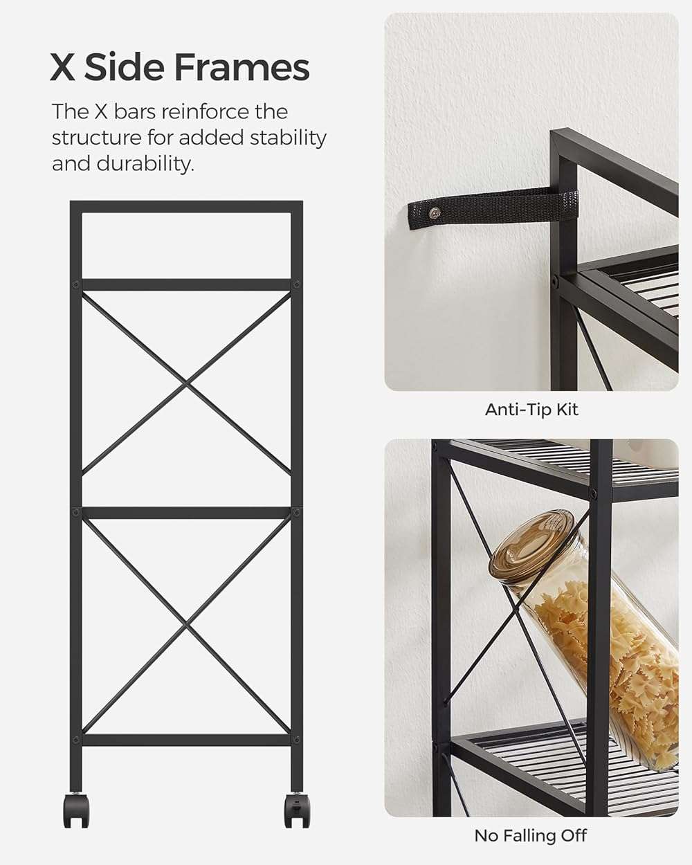 SONGMICS 3-Tier Metal Storage Rack with Wheels, Mesh Shelving Unit with X Side Frames, 23.6-Inch Width, for Entryway, Kitchen, Living Room, Bathroom, Industrial Style, Black UBSC163B01 - Image 5