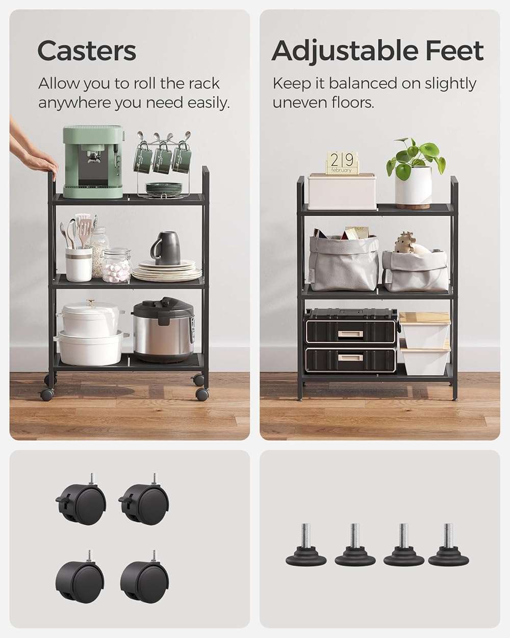 SONGMICS 3-Tier Metal Storage Rack with Wheels, Mesh Shelving Unit with X Side Frames, 23.6-Inch Width, for Entryway, Kitchen, Living Room, Bathroom, Industrial Style, Black UBSC163B01 - Image 7