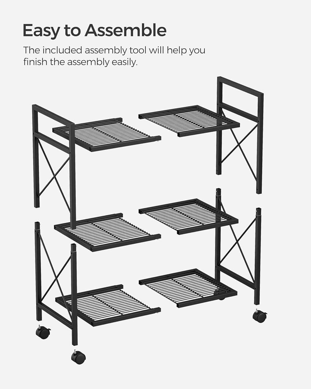 SONGMICS 3-Tier Metal Storage Rack with Wheels, Mesh Shelving Unit with X Side Frames, 23.6-Inch Width, for Entryway, Kitchen, Living Room, Bathroom, Industrial Style, Black UBSC163B01 - Image 8