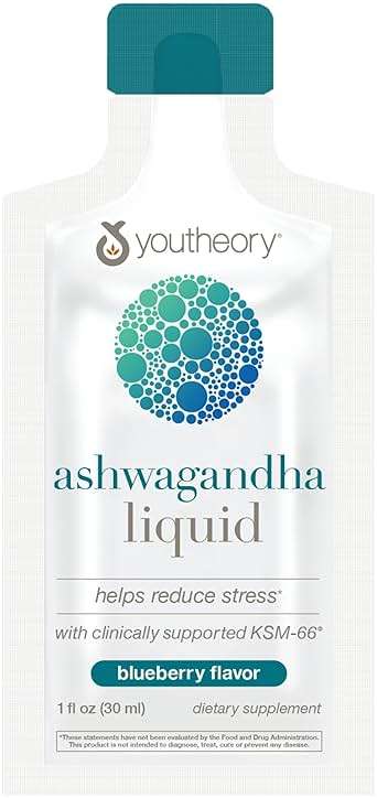 Youtheory Ashwagandha Liquid - with Organic KSM-66 Ashwagandha - Herbal Blend to Support Stress Relief & Energy Levels* - Helps Support Mood* - 1 oz Single Serve Packet, Pack of 12 - Image 1