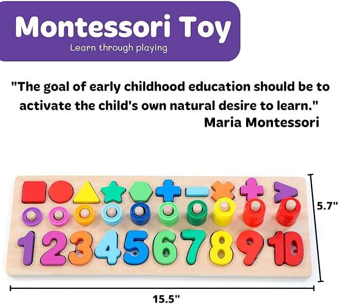 GeroCrew Wooden Montessori Toys for Kids Toddler Number Puzzles Sorter Counting Shape Stacker Stacking Game Preschool Toys for Boy Girl Learning Education Math Blocks Year Old Girl Gifts (Rainbow) - Image 2