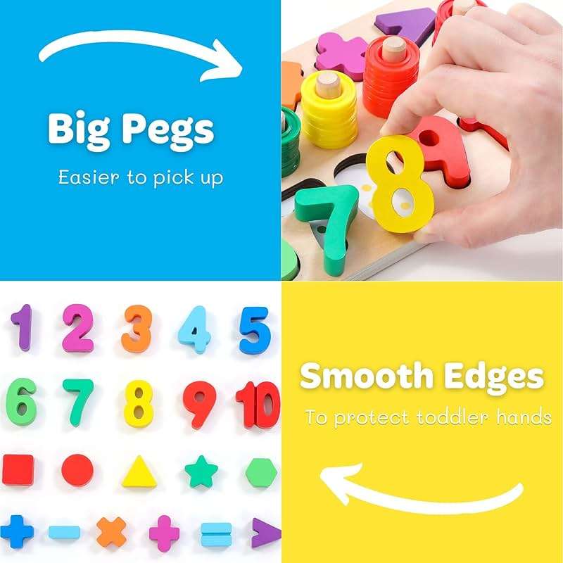 GeroCrew Wooden Montessori Toys for Kids Toddler Number Puzzles Sorter Counting Shape Stacker Stacking Game Preschool Toys for Boy Girl Learning Education Math Blocks Year Old Girl Gifts (Rainbow) - Image 3