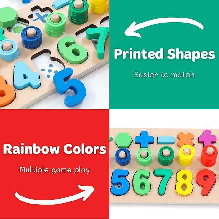 GeroCrew Wooden Montessori Toys for Kids Toddler Number Puzzles Sorter Counting Shape Stacker Stacking Game Preschool Toys for Boy Girl Learning Education Math Blocks Year Old Girl Gifts (Rainbow) - Image 4