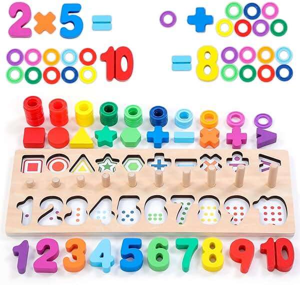 GeroCrew Wooden Montessori Toys for Kids Toddler Number Puzzles Sorter Counting Shape Stacker Stacking Game Preschool Toys for Boy Girl Learning Education Math Blocks Year Old Girl Gifts (Rainbow) - Image 8