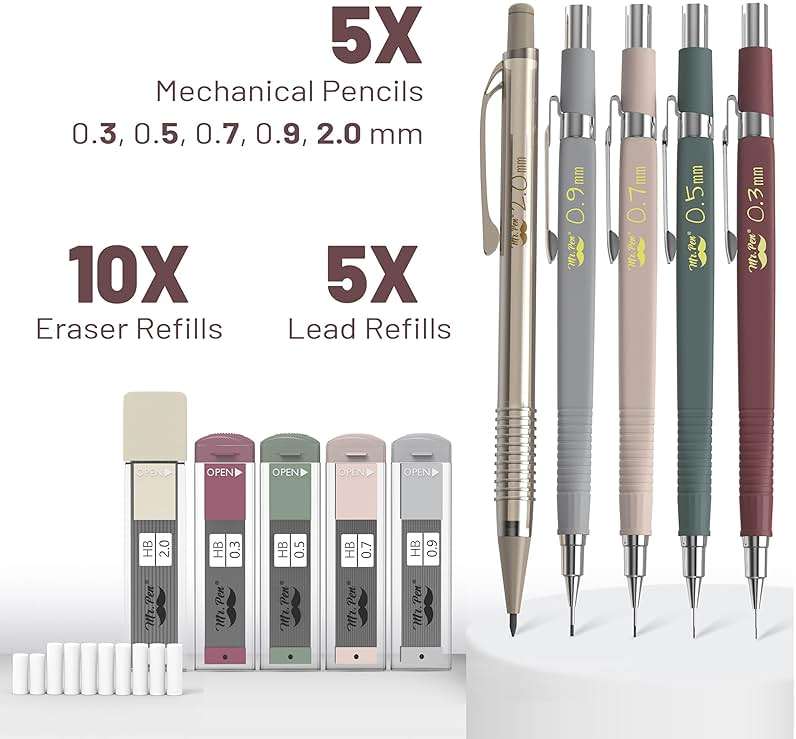 Mr. Pen- Art Mechanical Pencil Set, 5 Vintage Mechanical Pencils (0.3, 0.5, 0.7, 0.9, 2.0mm), 5 HB Lead Refills & 10 Eraser Refills, Precision Drawing Pencils for Sketching, Writing & Artwork - Image 3