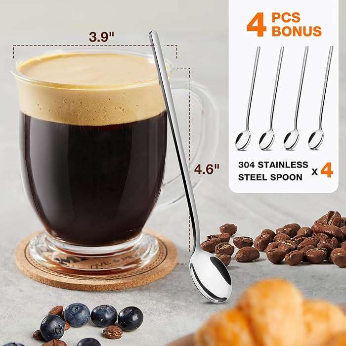 Mfacoy Glass Coffee Mugs Set of 4, Clear Large Coffee Mug 15 Oz With Handles for Hot Beverages, Clear Mugs for Tea, Cappuccino, Latte, Espresso Coffee, Juice, Glass Coffee Cups - Image 3