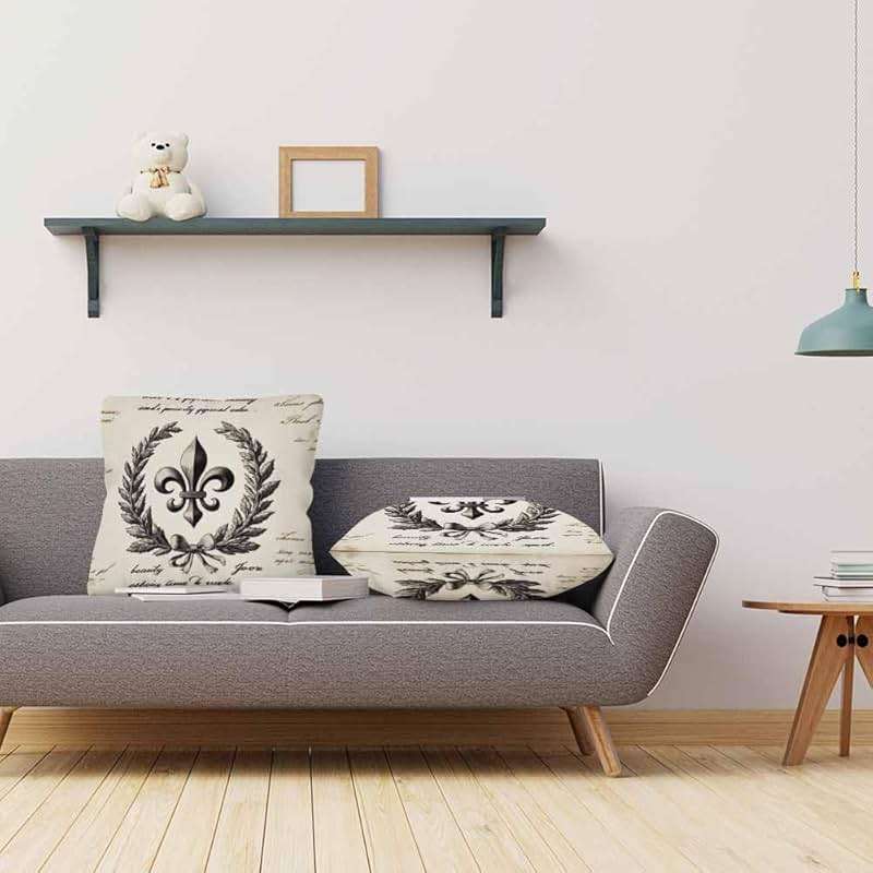 Beabes Cushion Covers Retro Letter Paper Fleur De Lis Vintage Style Square Soft,Pillow Cases Decor for Couch Bedroom Sofa Living Pack of 2 Size 18X18 Inch - Image 2