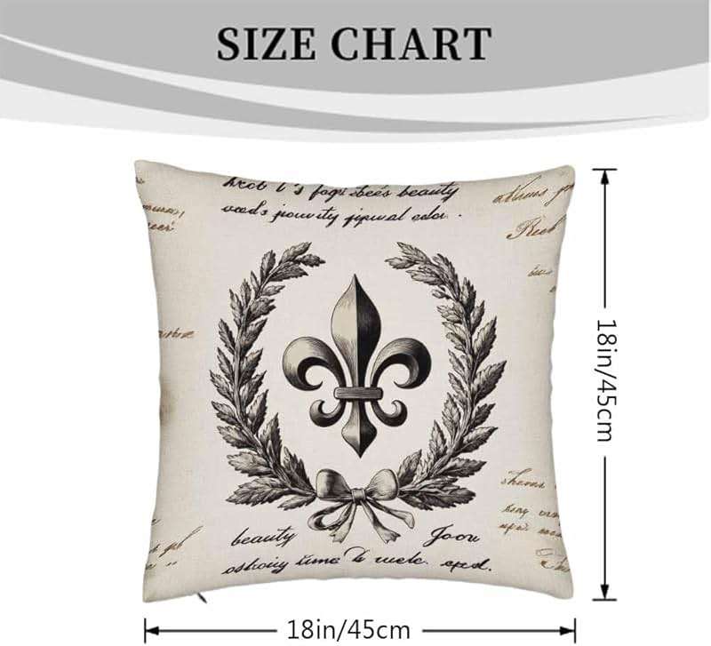 Beabes Cushion Covers Retro Letter Paper Fleur De Lis Vintage Style Square Soft,Pillow Cases Decor for Couch Bedroom Sofa Living Pack of 2 Size 18X18 Inch - Image 3