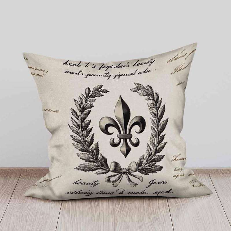 Beabes Cushion Covers Retro Letter Paper Fleur De Lis Vintage Style Square Soft,Pillow Cases Decor for Couch Bedroom Sofa Living Pack of 2 Size 18X18 Inch - Image 6