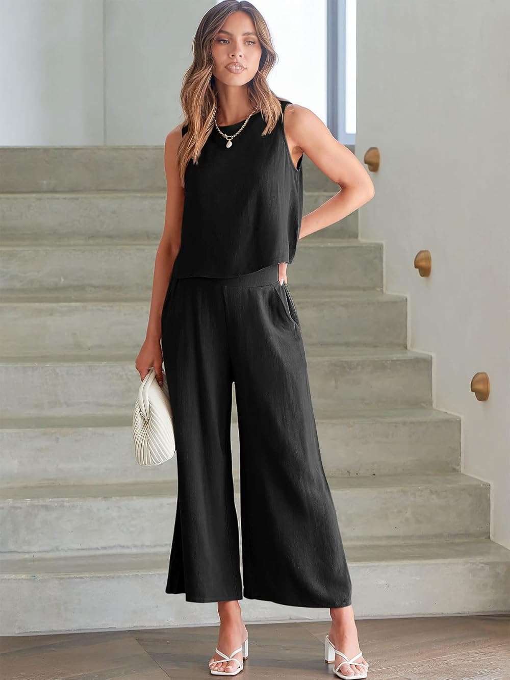 ANRABESS Women's Summer 2 Piece Outfits Sleeveless Crop Top Capri Wide Leg Pants Jumpsuit Linen Lounge Beach Travel Sets - Image 5