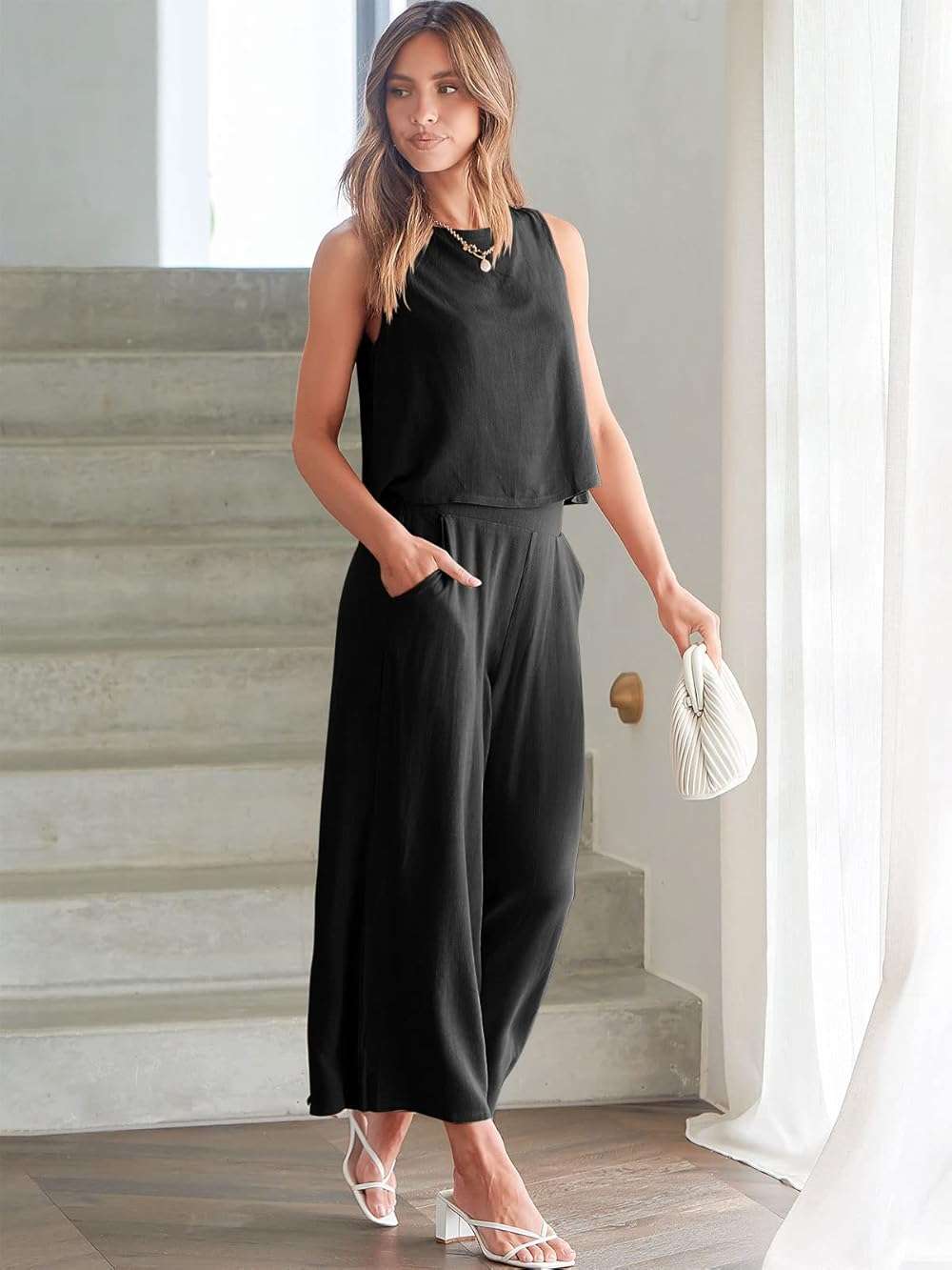 ANRABESS Women's Summer 2 Piece Outfits Sleeveless Crop Top Capri Wide Leg Pants Jumpsuit Linen Lounge Beach Travel Sets - Image 6