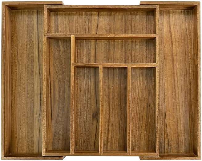 Luxury Acacia Kitchen Drawer Organizer - Silverware Organizer - Utensil Holder and Cutlery Tray with Grooved Drawer Dividers for Flatware and Kitchen Utensils (8 Slot), 17*12.4*2 inch - Image 1