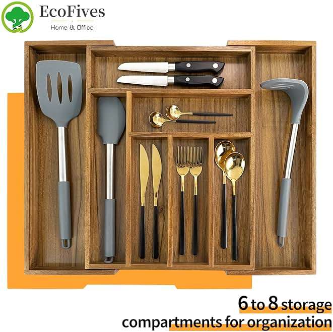 Luxury Acacia Kitchen Drawer Organizer - Silverware Organizer - Utensil Holder and Cutlery Tray with Grooved Drawer Dividers for Flatware and Kitchen Utensils (8 Slot), 17*12.4*2 inch - Image 3