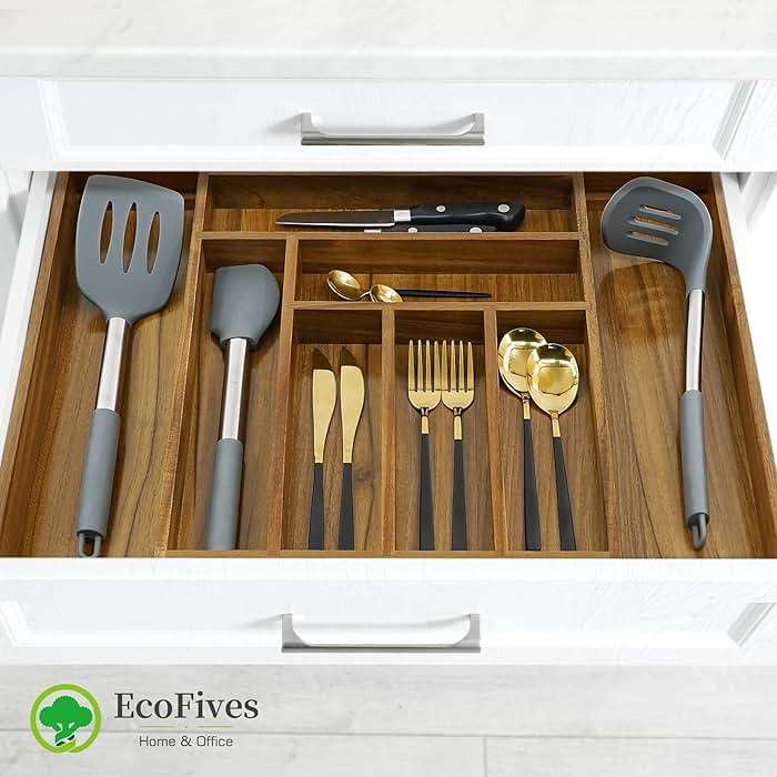 Luxury Acacia Kitchen Drawer Organizer - Silverware Organizer - Utensil Holder and Cutlery Tray with Grooved Drawer Dividers for Flatware and Kitchen Utensils (8 Slot), 17*12.4*2 inch - Image 5