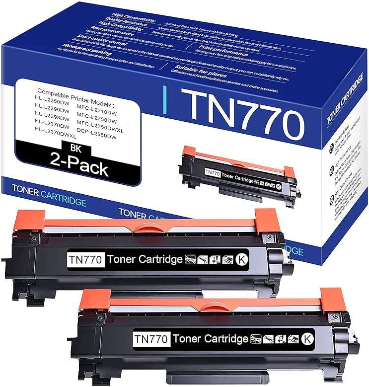 2 Pack High Yield TN770 TN-770 TN 770 Compatible Toner Cartridge Black Replacement for DCP-L2550DW HL-L2350DW HL-L2370DW HL-L2390DW MFC-L2710DW MFC-L2750DW Printer., TN770-2PK - Image 1